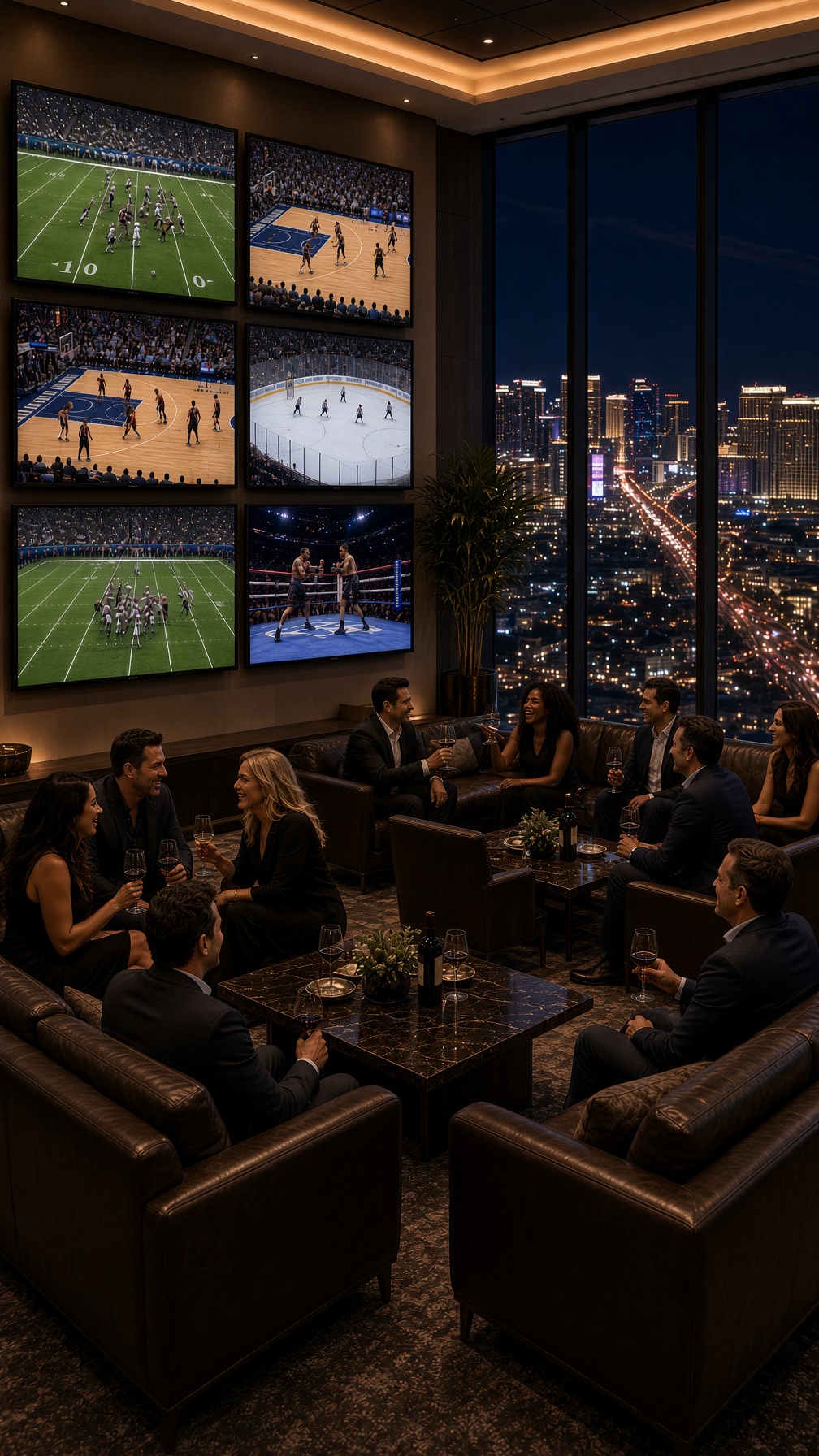 A lively lounge above the Las Vegas Strip, guests celebrating in front of a wall of sports screens